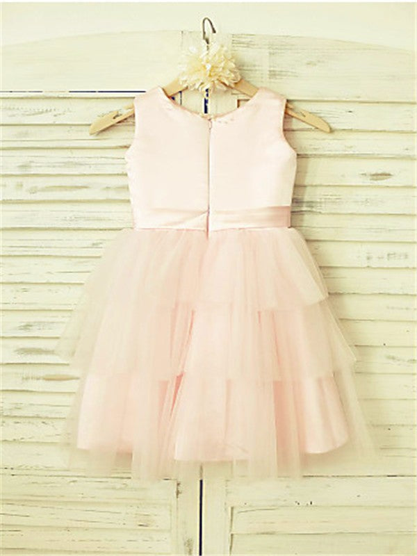 A-line/Princess Scoop Sleeveless Hand-made Flower Tea-Length Tulle Flower Girl Dresses TPP0007848