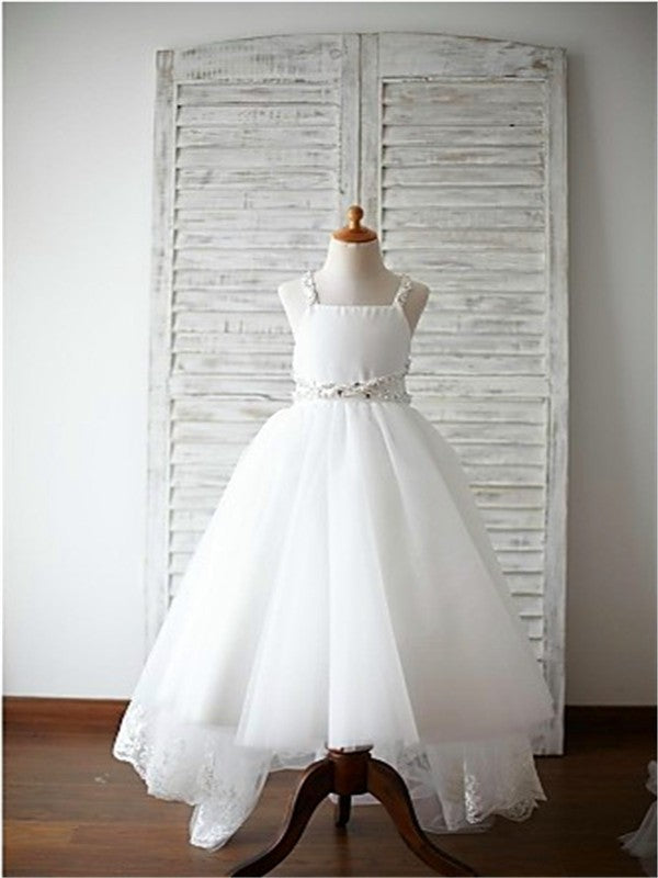 A-line/Princess Spaghetti Straps Sleeveless Beading Sweep/Brush Train Tulle Flower Girl Dresses TPP0007560