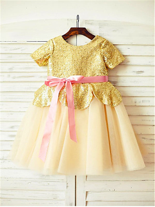 A-line/Princess Scoop Short Sleeves Sequin Tea-Length Tulle Flower Girl Dresses TPP0007926