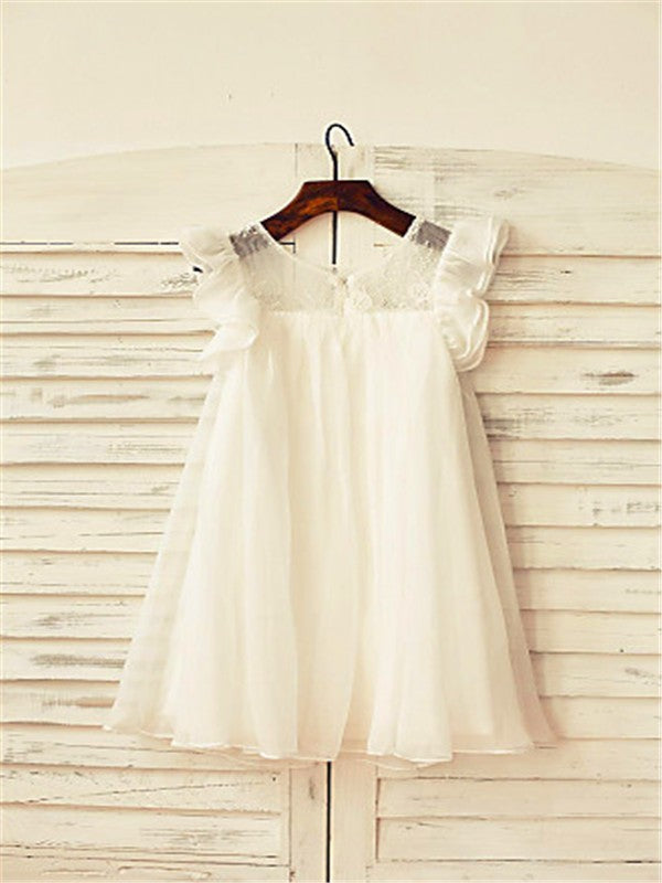 A-line/Princess Scoop Short Sleeves Lace Tea-Length Chiffon Flower Girl Dresses TPP0007691