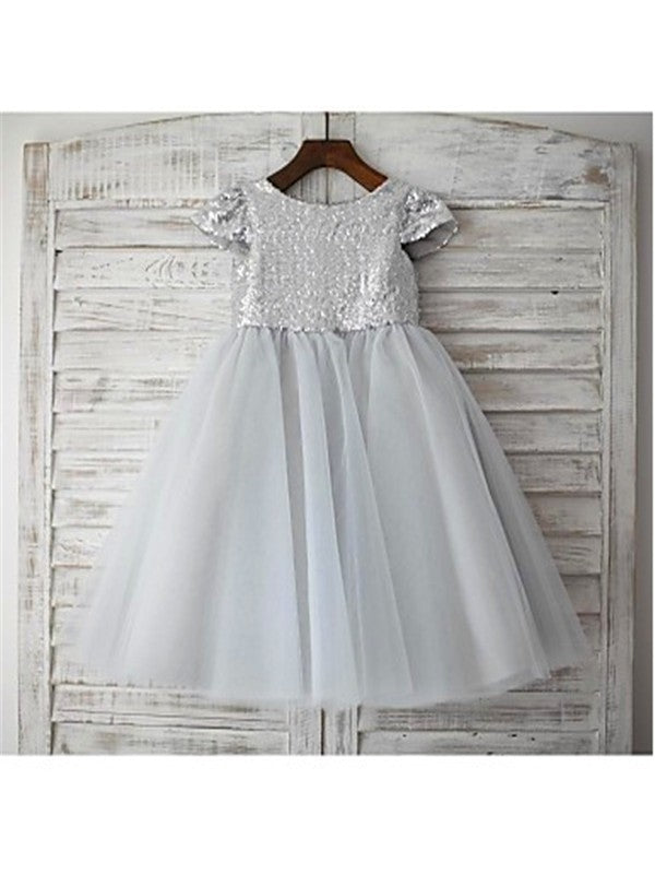 A-line/Princess Scoop Short Sleeves Sequin Tea-Length Tulle Flower Girl Dresses TPP0007765