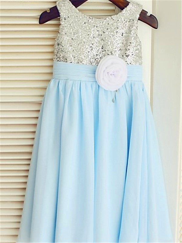 A-line/Princess Scoop Sleeveless Sequin Tea-Length Chiffon Flower Girl Dresses TPP0007813