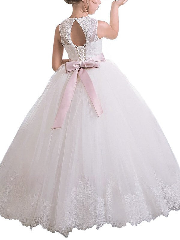 Ball Gown Scoop Sleeveless Sash/Ribbon/Belt Floor-Length Tulle Flower Girl Dresses TPP0007702