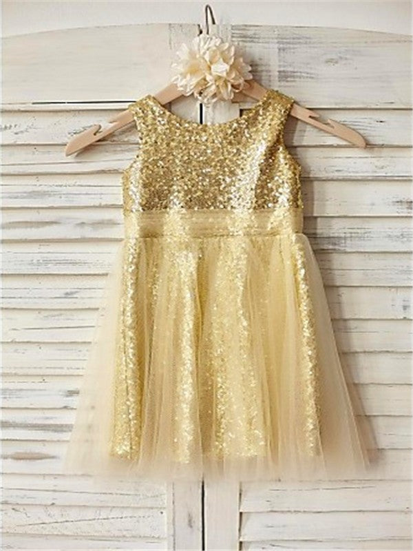 A-line/Princess Scoop Sleeveless Ruffles Tea-Length Sequins Flower Girl Dresses TPP0007837