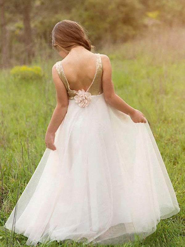 A-Line/Princess Sleeveless Scoop Floor-Length Sequin Tulle Flower Girl Dresses TPP0007676