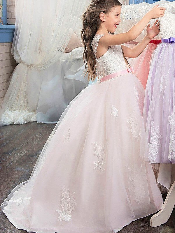 Ball Gown Sweetheart Sleeveless Bowknot Floor-Length Tulle Flower Girl Dresses TPP0007650