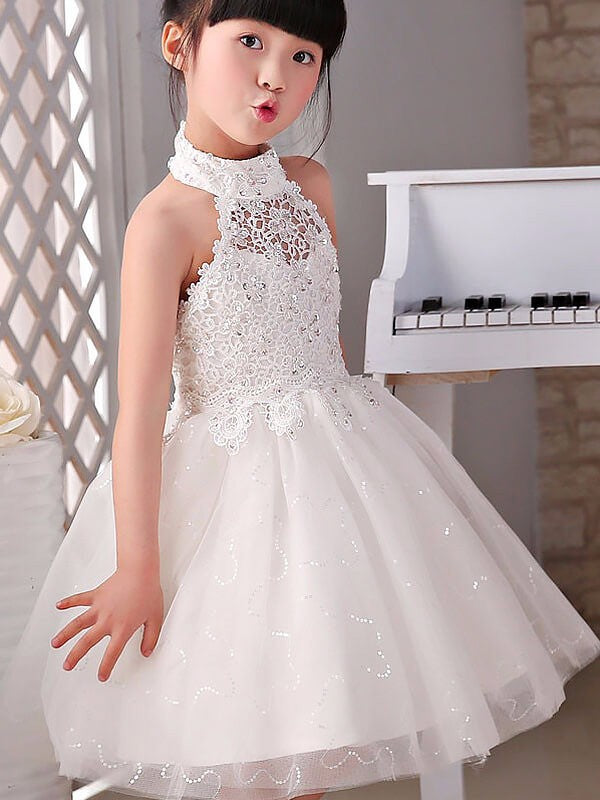 A-line/Princess Halter Sleeveless Beading Tulle Knee-Length Flower Girl Dresses TPP0007606