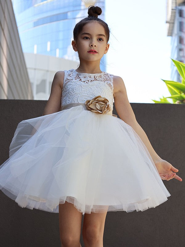 A-Line/Princess Tulle Lace Scoop Sleeveless Knee-Length Flower Girl Dresses TPP0007480