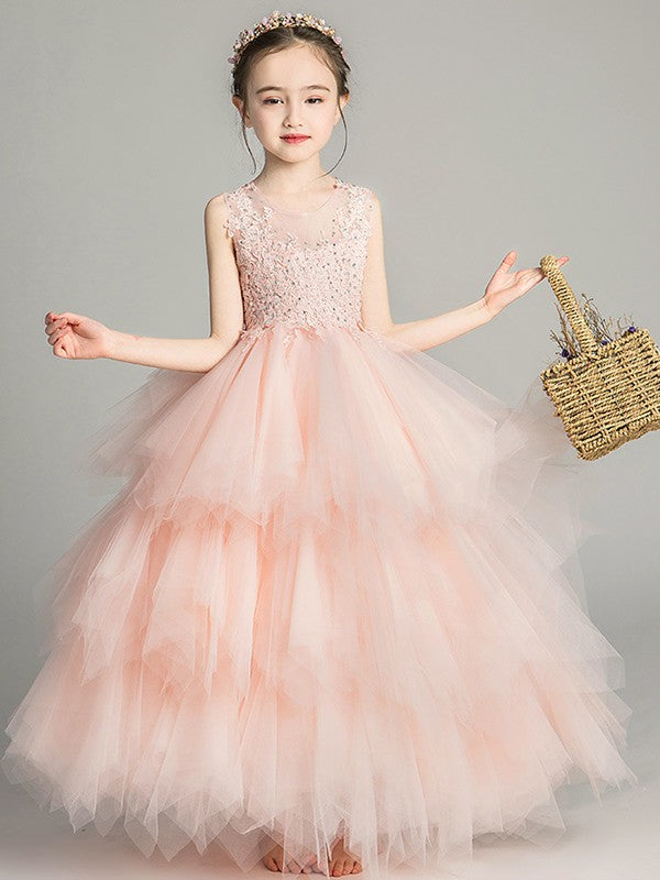 A-Line/Princess Tulle Applique Scoop Sleeveless Floor-Length Flower Girl Dresses TPP0007507