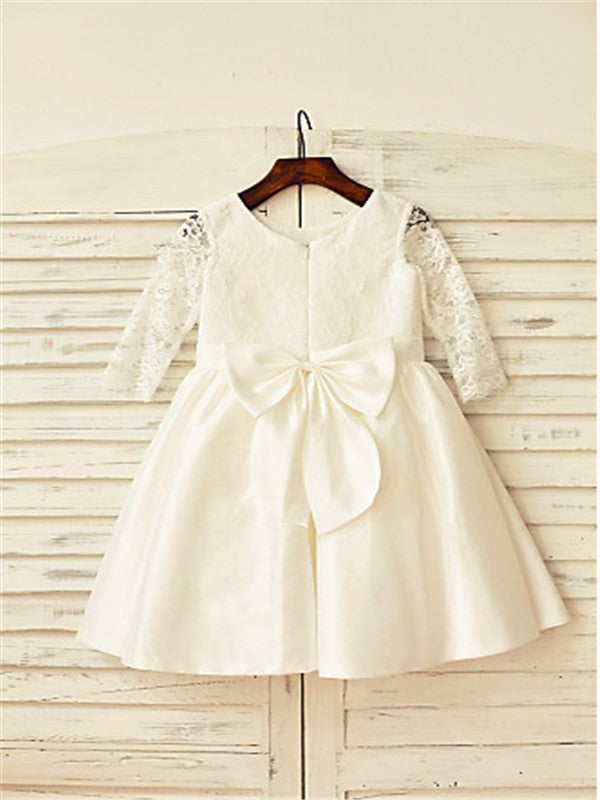 A-line/Princess Jewel Long Sleeves Lace Tea-Length Satin Flower Girl Dresses TPP0007791