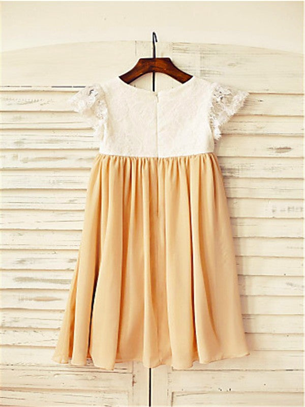 A-line/Princess Scoop Short Sleeves Tea-Length Chiffon Flower Girl Dresses TPP0007838