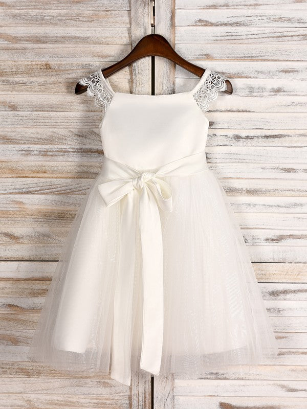 A-Line/Princess Tulle Sash/Ribbon/Belt Scoop Sleeveless Tea-Length Flower Girl Dresses TPP0007531