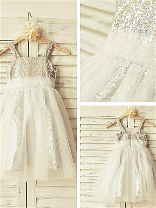 A-line/Princess Spaghetti Straps Sleeveless Ruffles Tea-Length Sequins Flower Girl Dresses TPP0007824