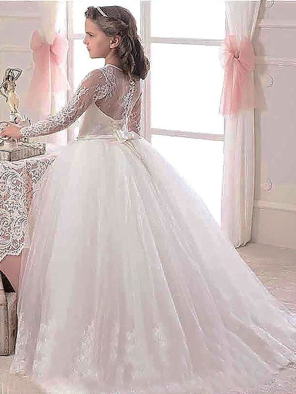 Ball Gown Scoop Long Sleeves Floor-Length Lace Tulle Flower Girl Dresses TPP0007642