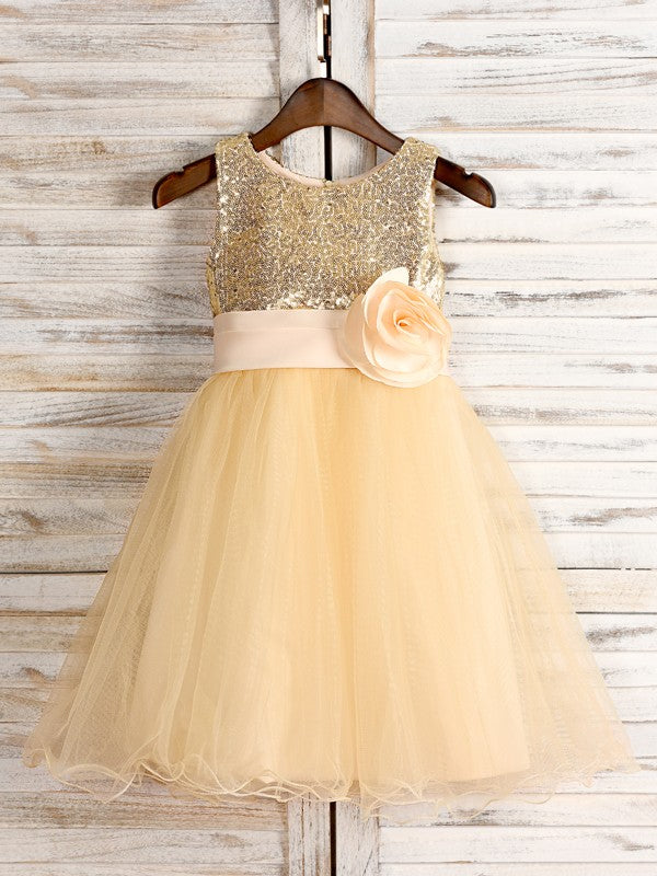 A-Line/Princess Tulle Hand-Made Flower Scoop Sleeveless Tea-Length Flower Girl Dresses TPP0007529