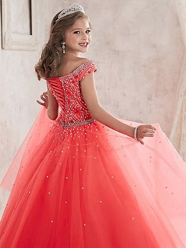 Ball Gown Off-the-Shoulder Sleeveless Beading Floor-Length Tulle Flower Girl Dresses TPP0007563