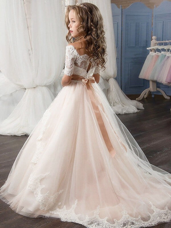 Ball Gown Off-the-Shoulder Short Sleeves Tulle Sash/Ribbon/Belt Flower Girl Dresses TPP0007640