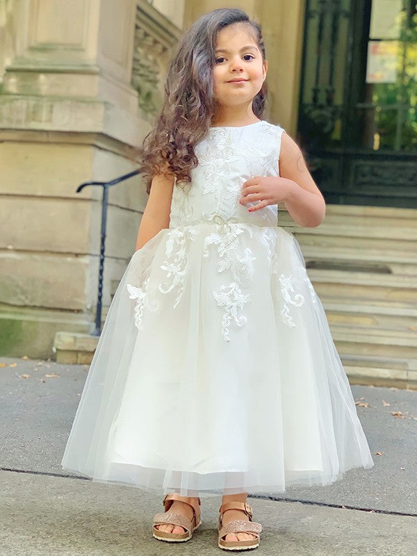 A-Line/Princess Tulle Lace Scoop Sleeveless Ankle-Length Flower Girl Dresses TPP0007499