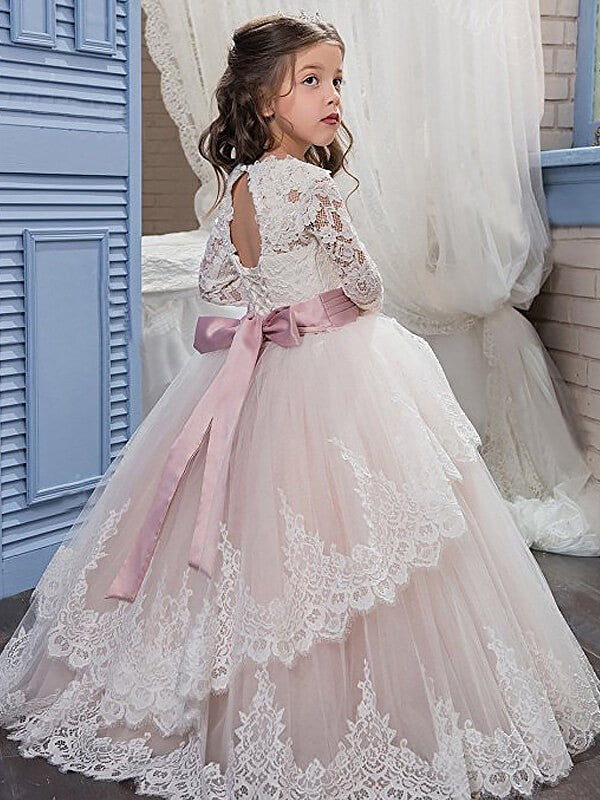 Ball Gown Jewel Long Sleeves Lace Floor-Length Tulle Flower Girl Dresses TPP0007626