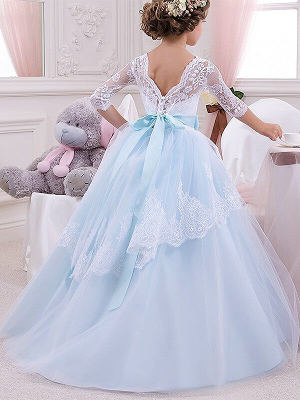 Ball Gown Jewel 1/2 Sleeves Lace Floor-Length Tulle Flower Girl Dresses TPP0007685