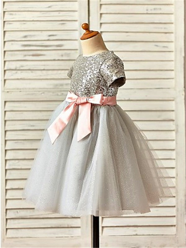 A-line/Princess Scoop Short Sleeves Sequin Tea-Length Tulle Flower Girl Dresses TPP0007726