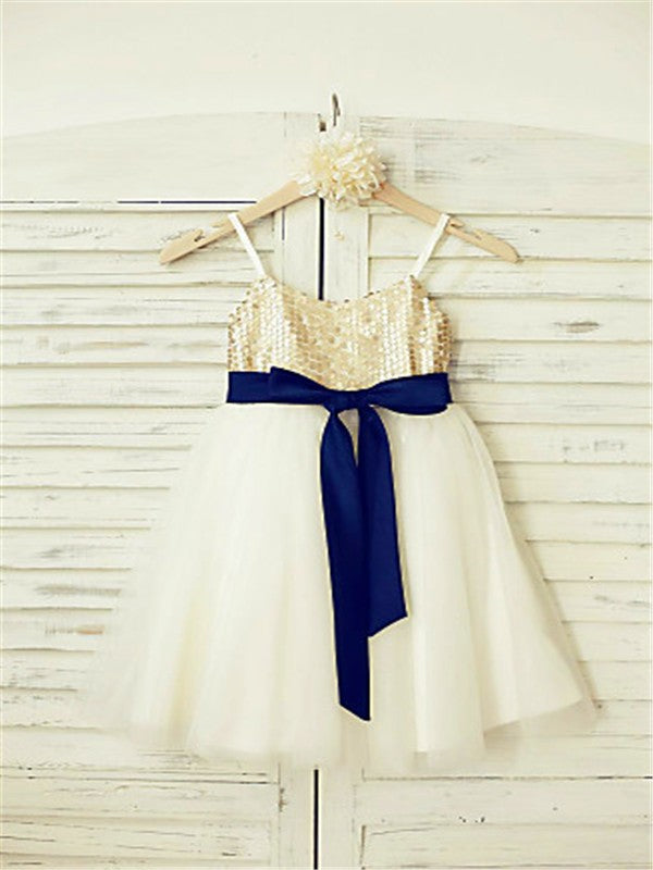 A-line/Princess Spaghetti Straps Sleeveless Sequin Ankle-Length Tulle Flower Girl Dresses TPP0007855