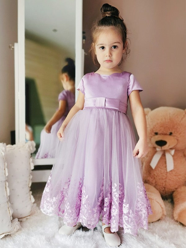 A-Line/Princess Tulle Lace Scoop Short Sleeves Ankle-Length Flower Girl Dresses TPP0007467