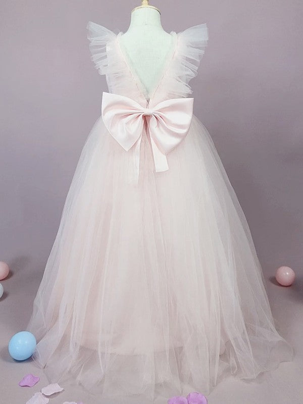 A-Line/Princess Tulle Bowknot Scoop Sleeveless Floor-Length Flower Girl Dresses TPP0007501