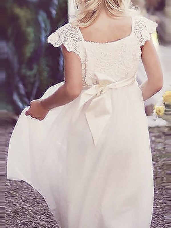 A-line/Princess Square Short Sleeves Lace Floor-Length Chiffon Flower Girl Dresses TPP0007564