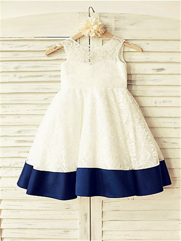 A-line/Princess Sleeveless Scoop Bowknot Tea-Length Lace Flower Girl Dresses TPP0007719