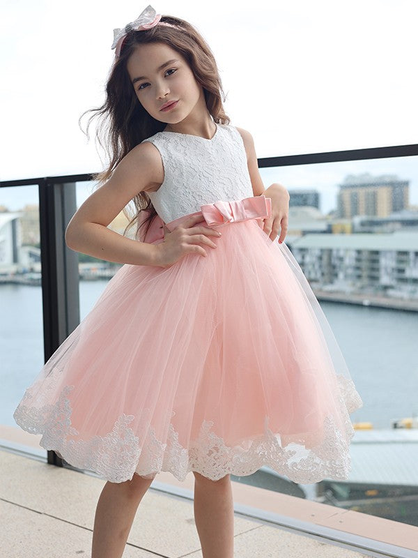 A-Line/Princess Lace Bowknot Scoop Sleeveless Short/Mini Flower Girl Dresses TPP0007459