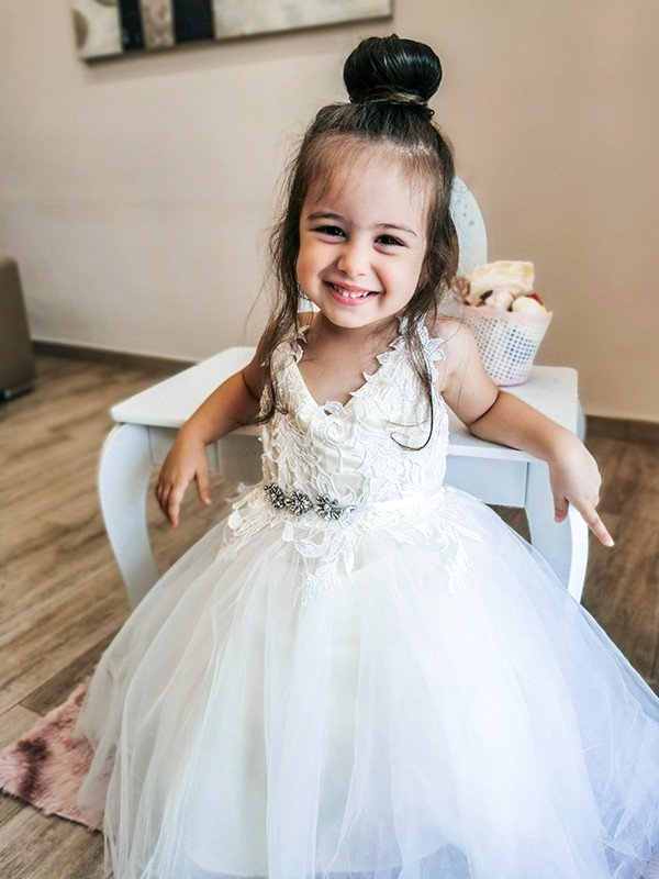 A-Line/Princess Tulle Lace V-neck Sleeveless Ankle-Length Flower Girl Dresses TPP0007460