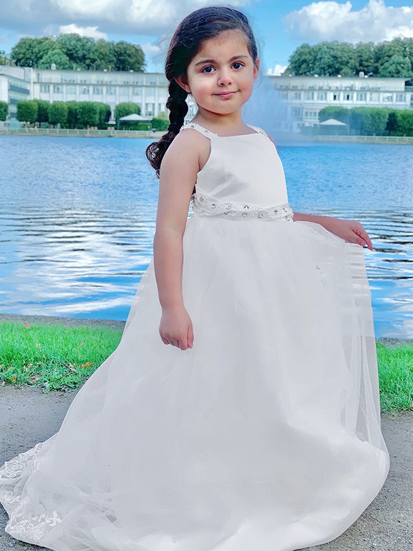 A-Line/Princess Tulle Beading Spaghetti Straps Sleeveless Sweep/Brush Train Flower Girl Dresses TPP0007492