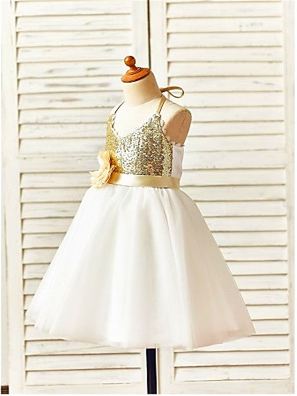 A-line/Princess Halter Sleeveless Tea-Length Sequin Tulle Flower Girl Dresses TPP0007786