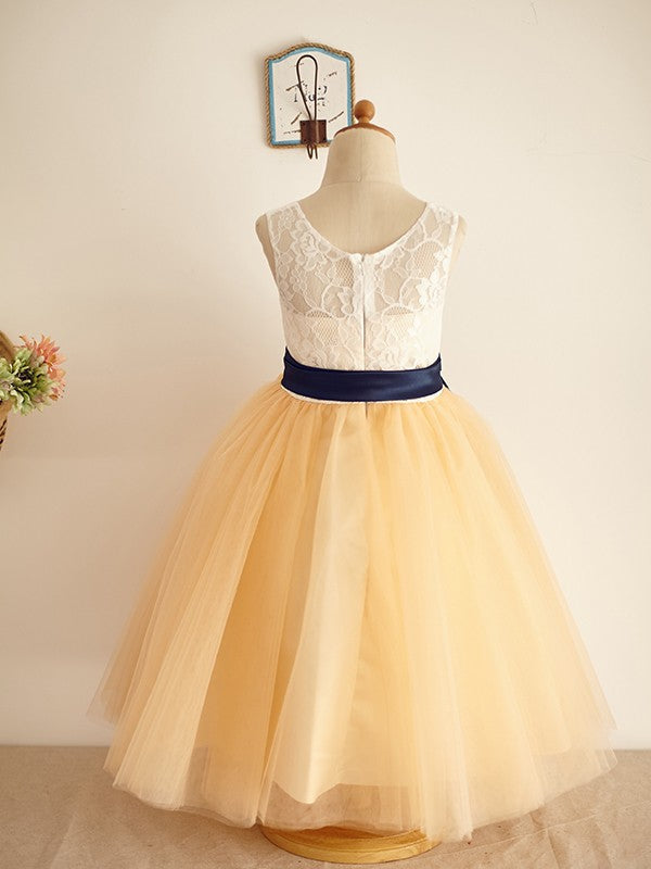 A-Line/Princess Sleeveless Tulle Lace Scoop Floor-Length Flower Girl Dresses TPP0007895