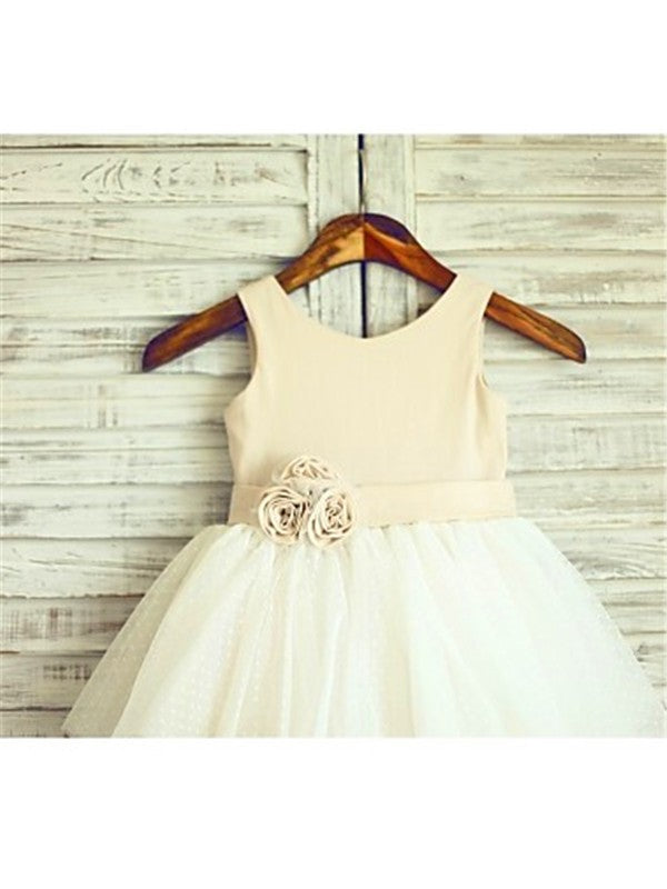 A-line/Princess Straps Sleeveless Hand-made Flower Tea-Length Tulle Flower Girl Dresses TPP0007856