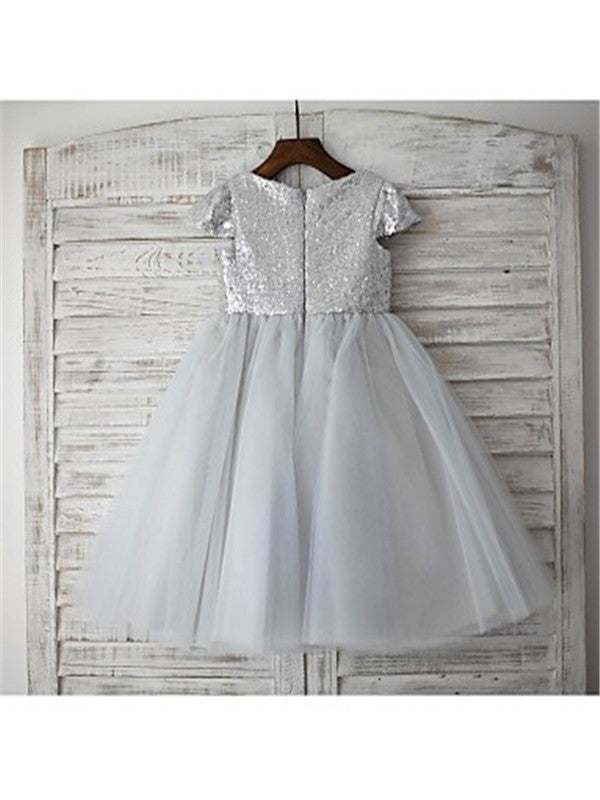 A-line/Princess Scoop Short Sleeves Sequin Tea-Length Tulle Flower Girl Dresses TPP0007765