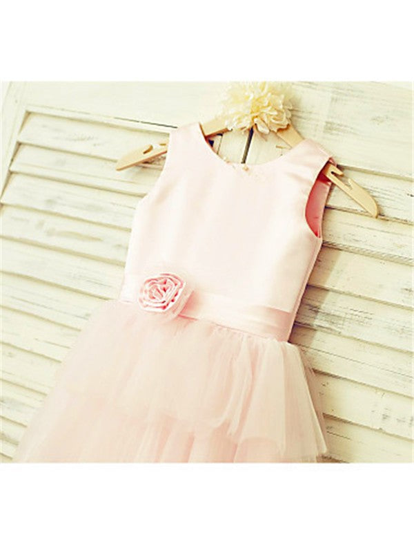 A-line/Princess Scoop Sleeveless Hand-made Flower Tea-Length Tulle Flower Girl Dresses TPP0007848