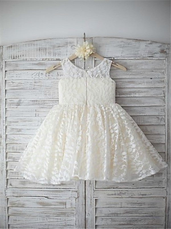 A-line/Princess Sleeveless Scoop Hand-made Flower Tea-Length Lace Flower Girl Dresses TPP0007792