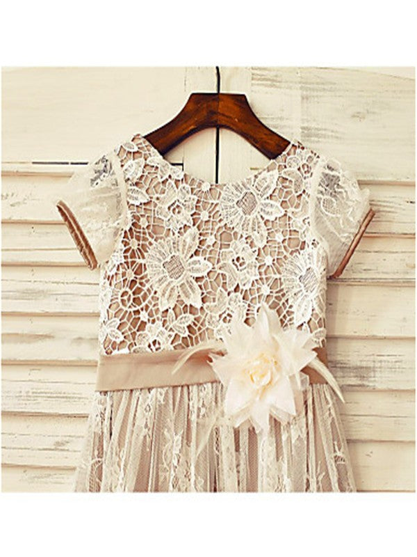 A-line/Princess Scoop Short Sleeves Hand-made Flower Tea-Length Lace Flower Girl Dresses TPP0007728