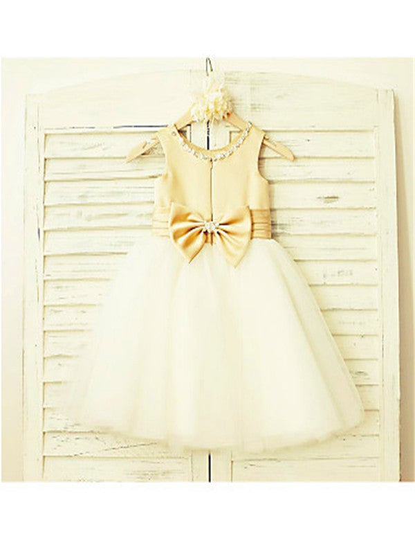 A-line/Princess Scoop Sleeveless Bowknot Tea-Length Tulle Flower Girl Dresses TPP0007712