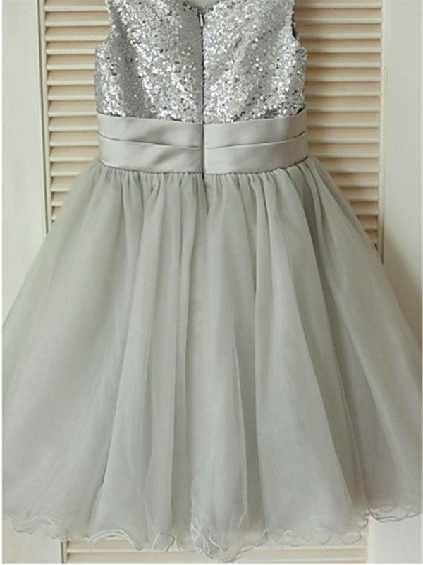 A-line/Princess Scoop Sleeveless Sequin Tea-Length Tulle Flower Girl Dresses TPP0007673