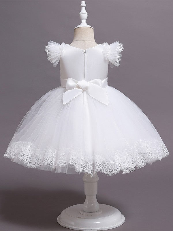 Ball Gown Tulle Applique Scoop Short Sleeves Tea-Length Flower Girl Dresses TPP0007512