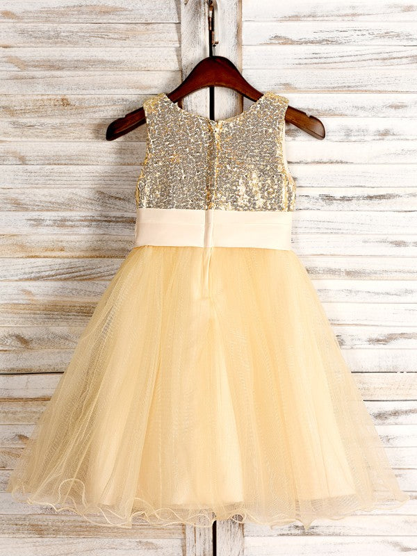 A-Line/Princess Tulle Hand-Made Flower Scoop Sleeveless Tea-Length Flower Girl Dresses TPP0007529