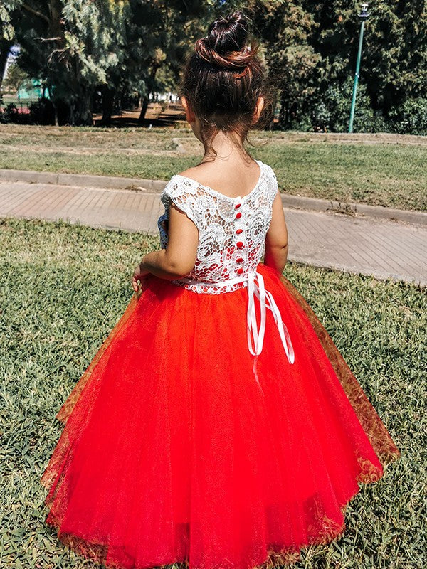 A-Line/Princess Tulle Lace Scoop Sleeveless Tea-Length Flower Girl Dresses TPP0007489