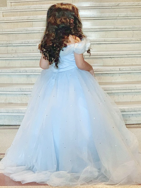 Ball Gown Tulle Rhinestone Off-the-Shoulder Sleeveless Floor-Length Flower Girl Dresses TPP0007466