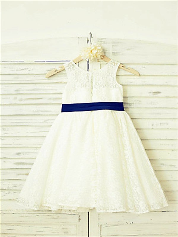 A-line/Princess Scoop Sleeveless Bowknot Tea-Length Lace Flower Girl Dresses TPP0007841