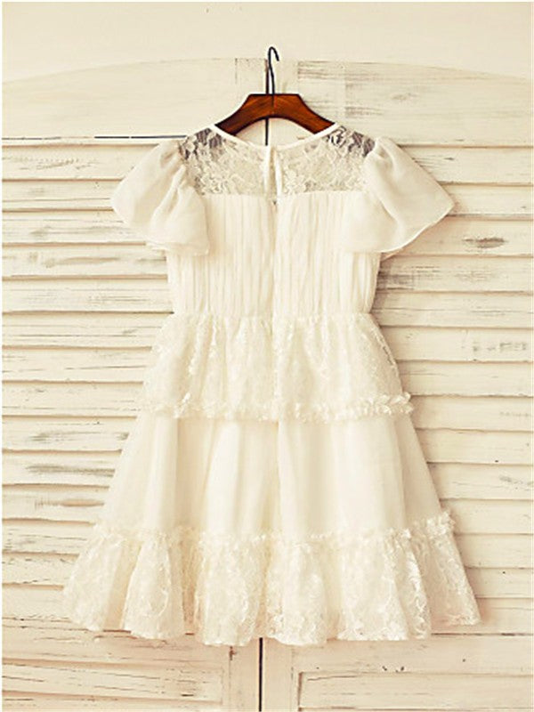 A-line/Princess Scoop Short Sleeves Lace Tea-Length Chiffon Flower Girl Dresses TPP0007820