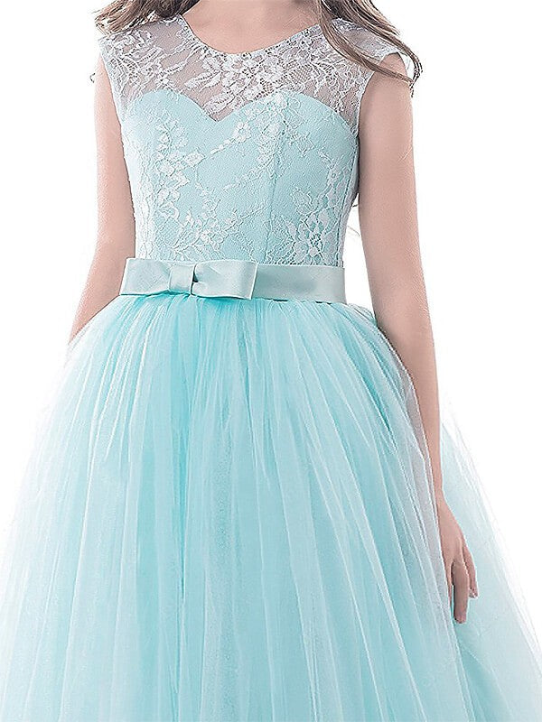 Ball Gown Jewel Sleeveless Bowknot Floor-Length Tulle Flower Girl Dresses TPP0007644