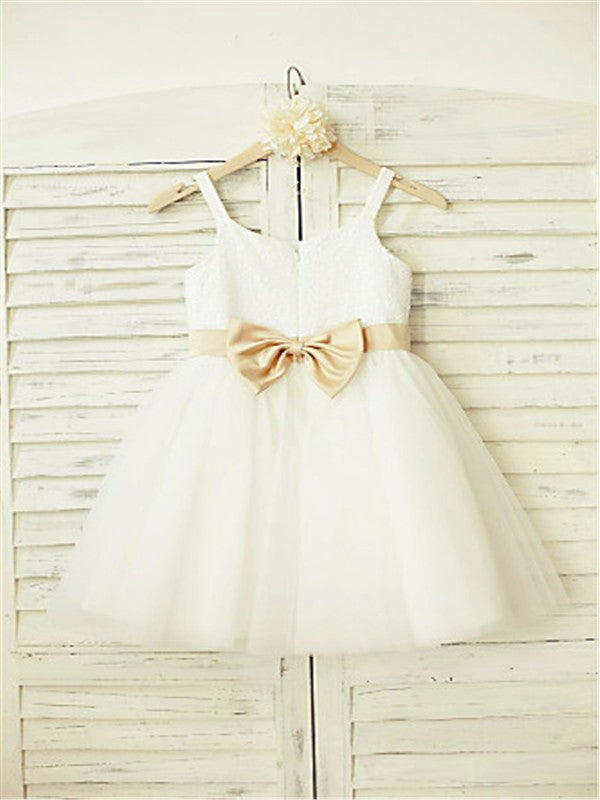 A-line/Princess Spaghetti Straps Sleeveless Bowknot Knee-Length Tulle Flower Girl Dresses TPP0007742